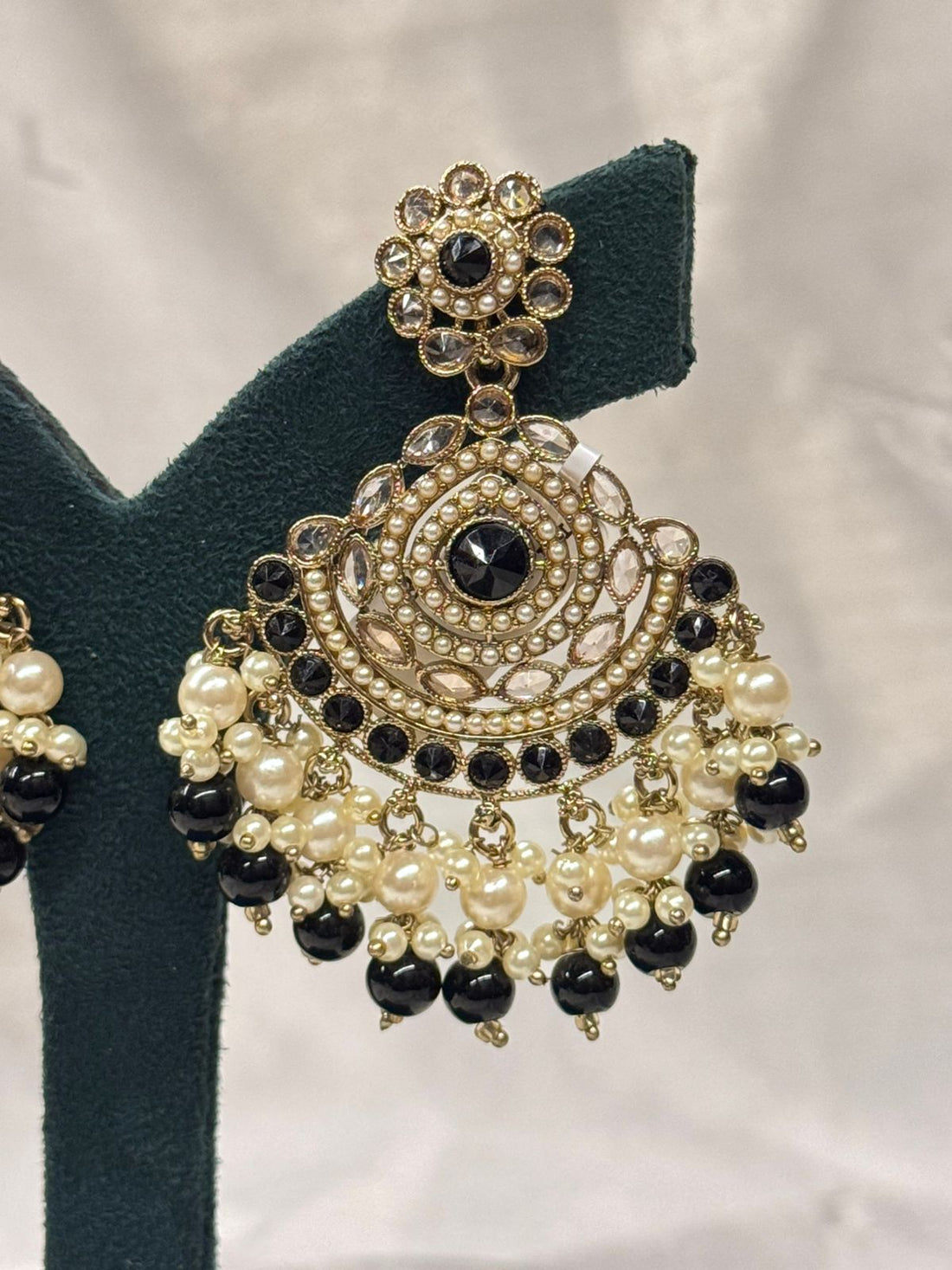 Black Stone & Pearl Chandbali Earrings with Antique Gold Finish,llb664