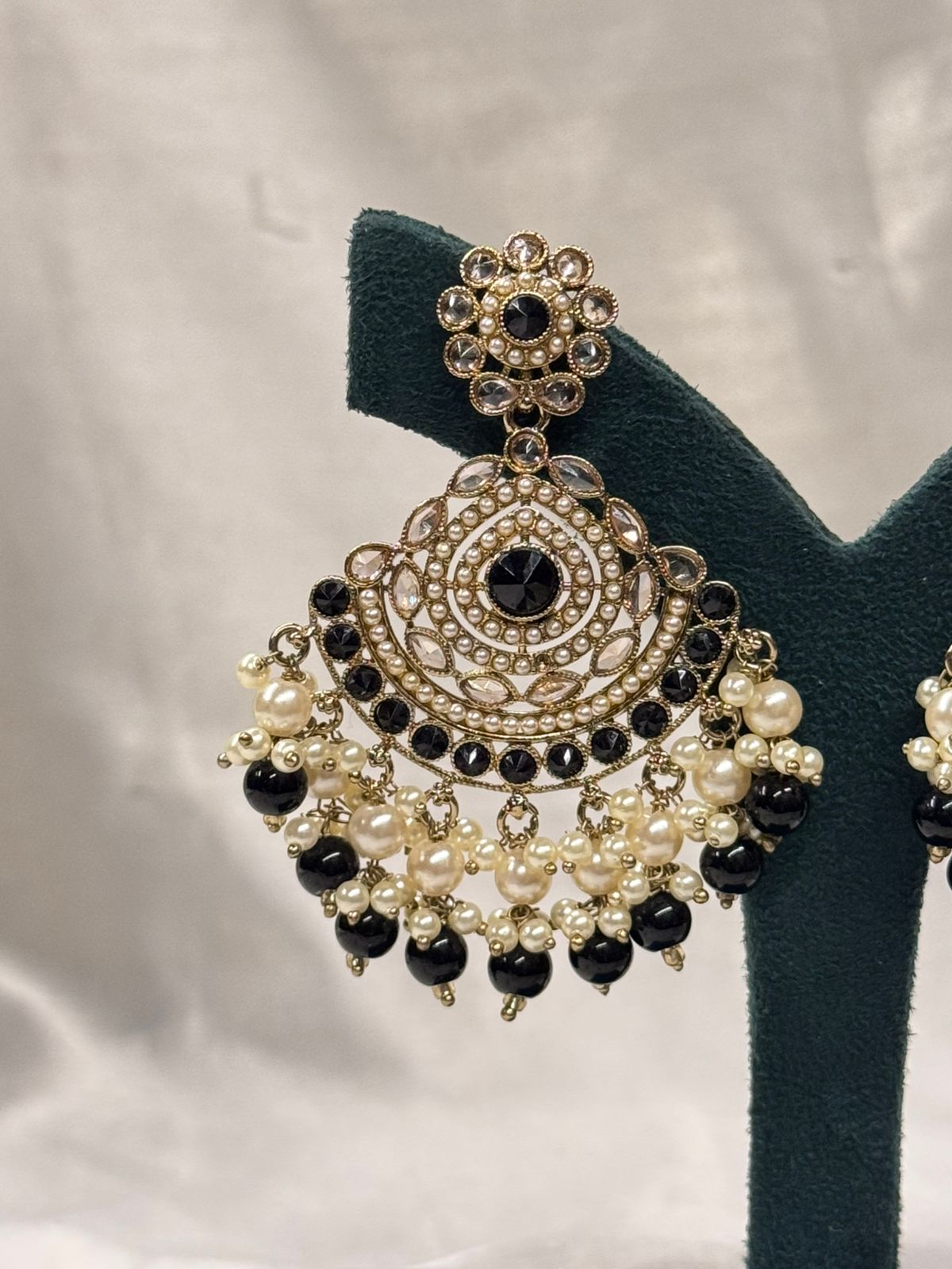 Black Stone & Pearl Chandbali Earrings with Antique Gold Finish,llb664