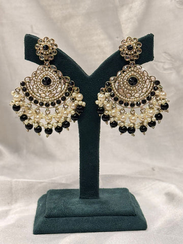 Black Stone & Pearl Chandbali Earrings with Antique Gold Finish,llb664