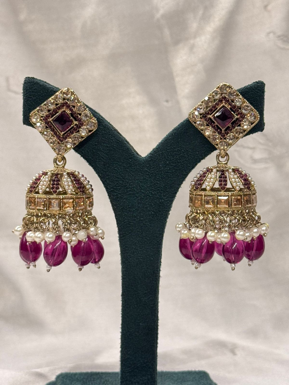 Maroon & Gold Kundan Jhumka Earrings with Pearl Drops,llb673