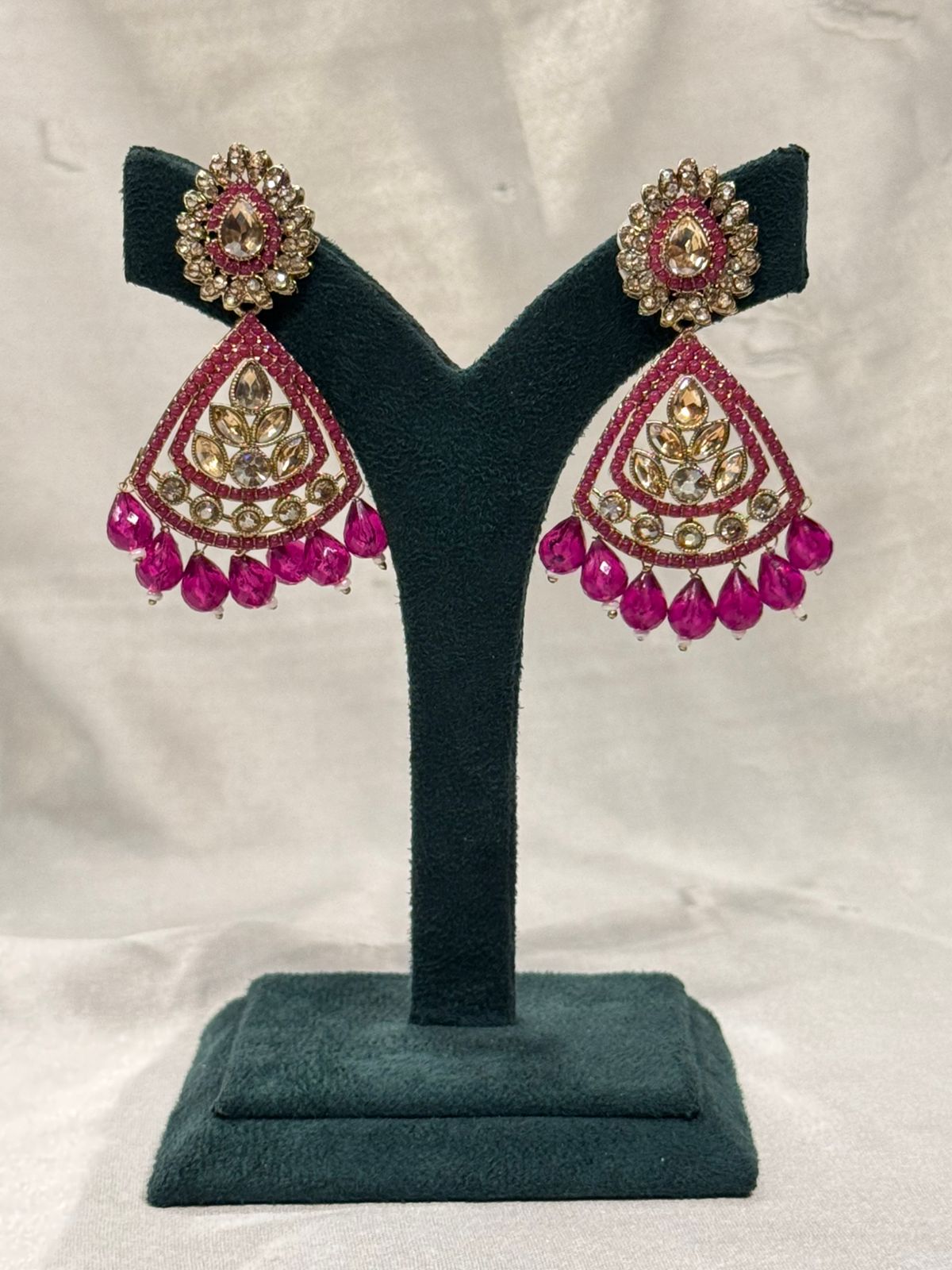 Pink Kundan Drop Earrings with Crystal Detailing & Bead Drops,llb668