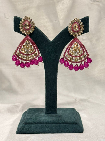 Pink Kundan Drop Earrings with Crystal Detailing & Bead Drops,llb668