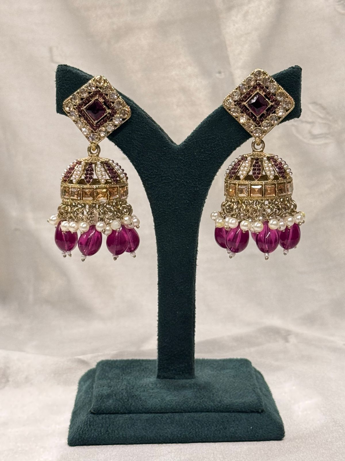 Maroon & Gold Kundan Jhumka Earrings with Pearl Drops,llb673
