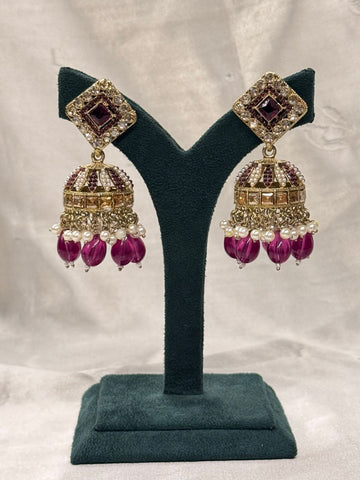 Maroon & Gold Kundan Jhumka Earrings with Pearl Drops,llb673