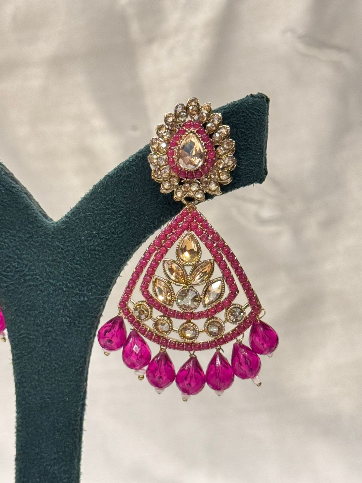Pink Kundan Drop Earrings with Crystal Detailing & Bead Drops,llb668