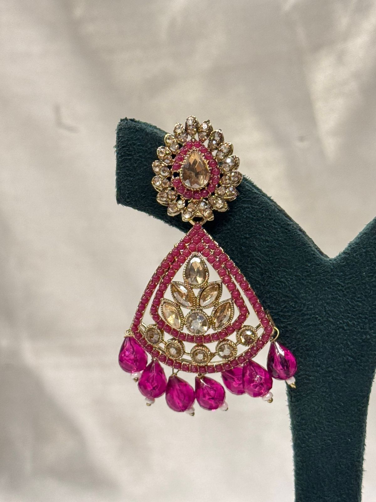 Pink Kundan Drop Earrings with Crystal Detailing & Bead Drops,llb668