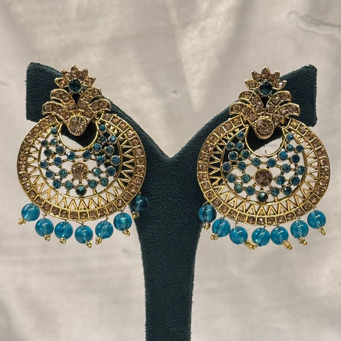 Teal Green Stone Chandbali Earrings with Antique Gold Finish & Bead Drops,llb662