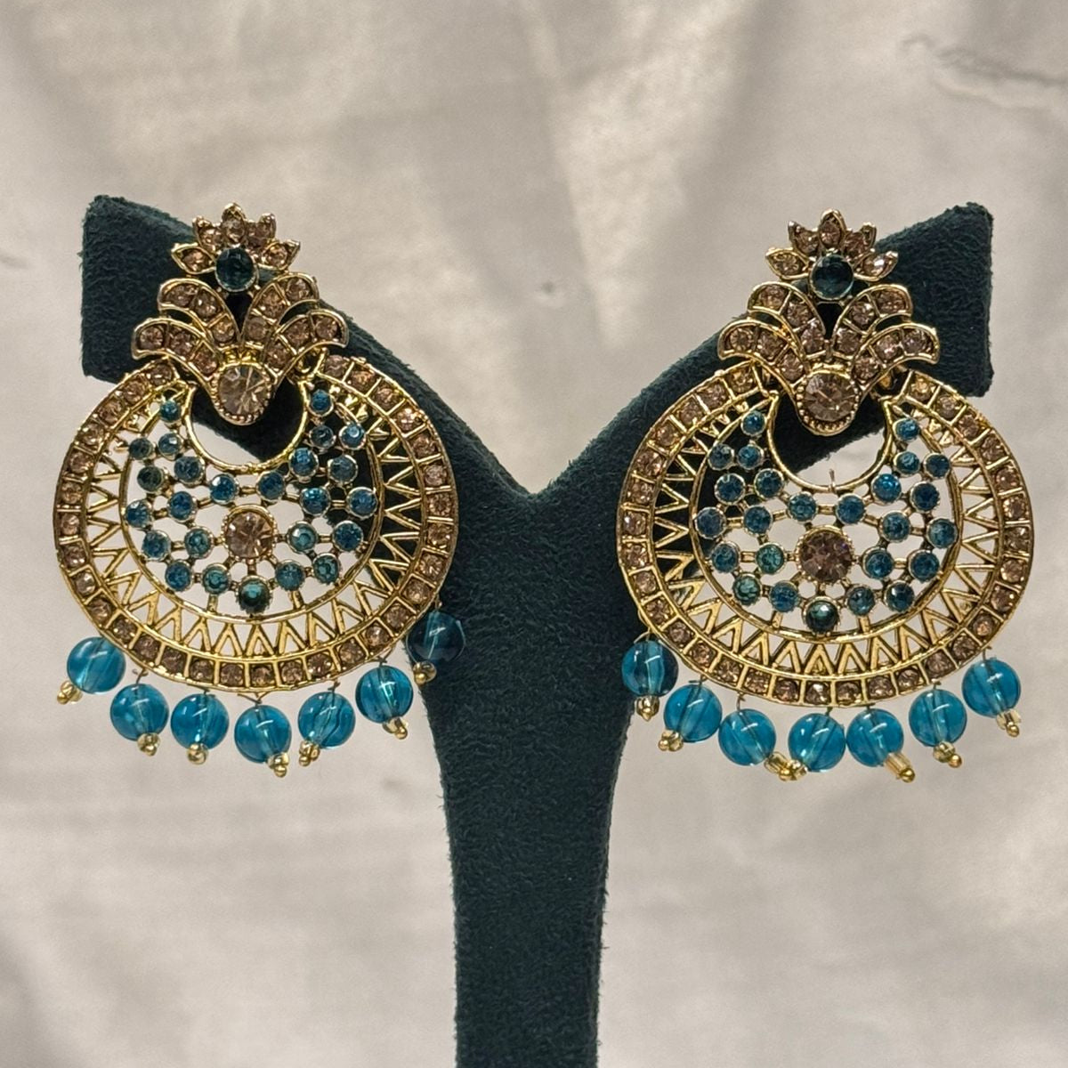 Teal Green Stone Chandbali Earrings with Antique Gold Finish & Bead Drops,llb662