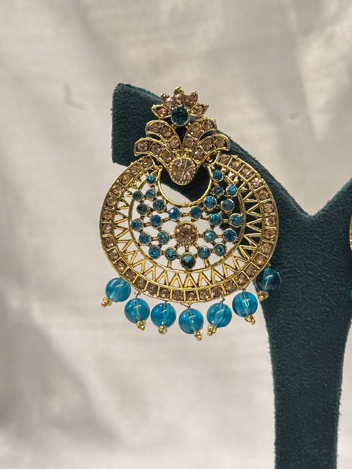 Teal Green Stone Chandbali Earrings with Antique Gold Finish & Bead Drops,llb662