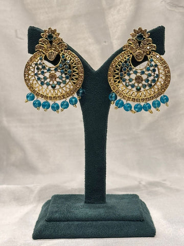 Teal Green Stone Chandbali Earrings with Antique Gold Finish & Bead Drops,llb662
