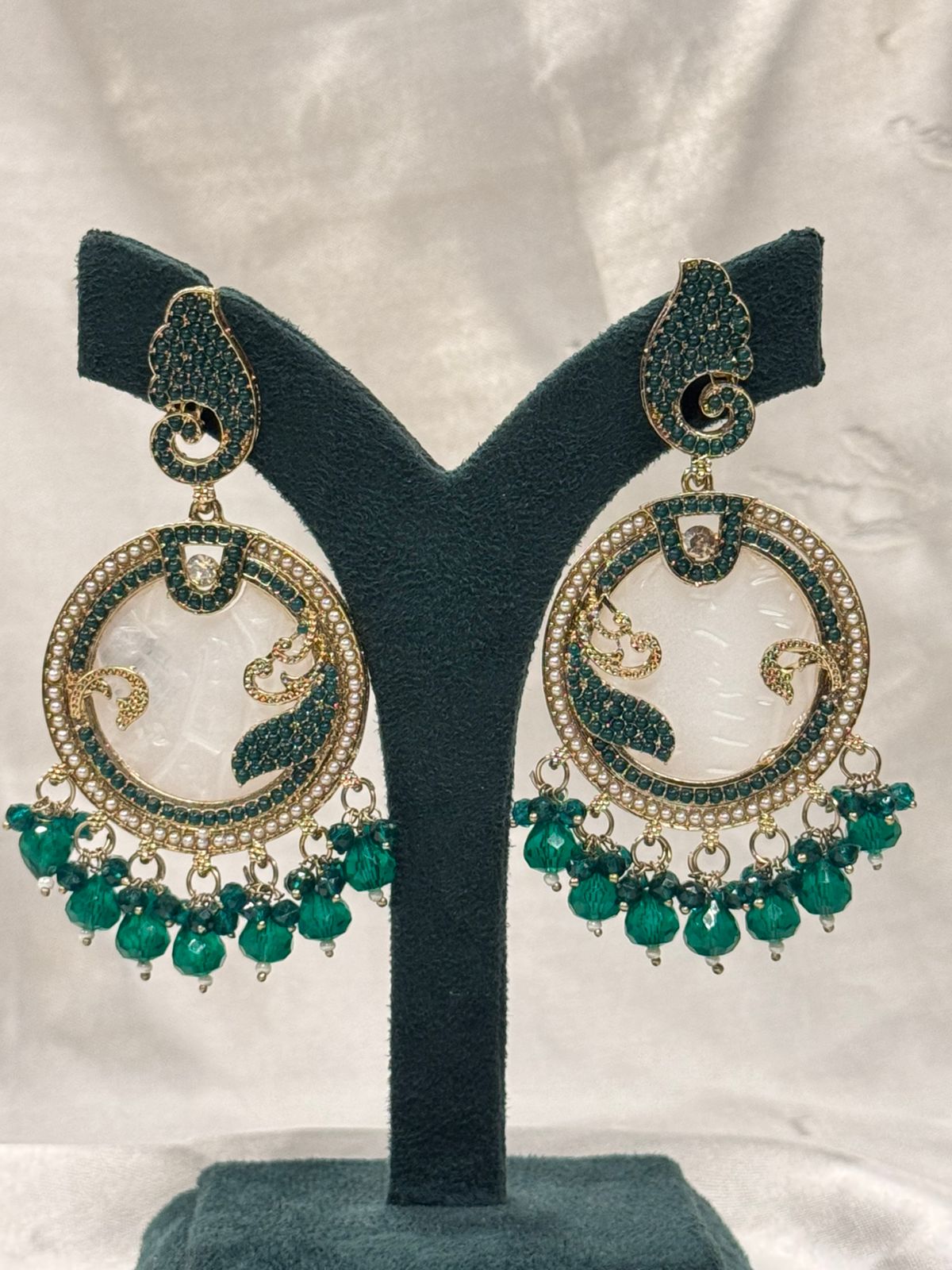 Emerald Green Pearl Chandbali Earrings with Antique Gold Finish,llb666