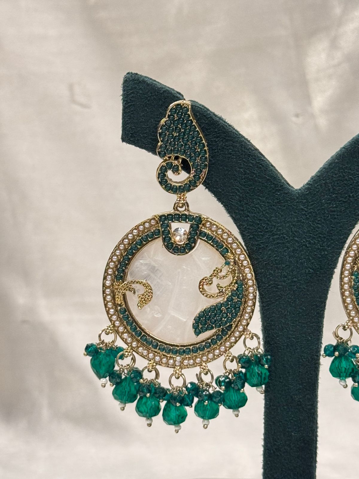 Emerald Green Pearl Chandbali Earrings with Antique Gold Finish,llb666