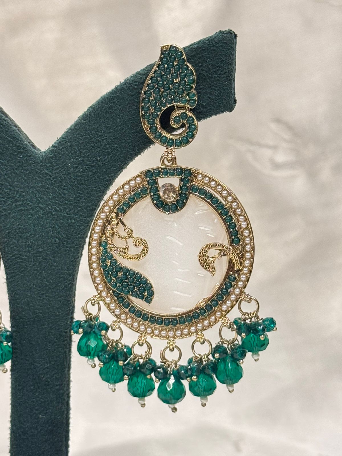 Emerald Green Pearl Chandbali Earrings with Antique Gold Finish,llb666