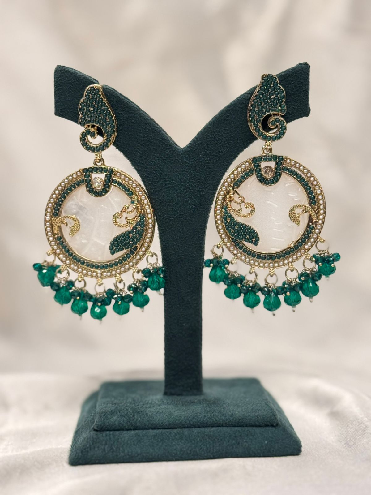 Emerald Green Pearl Chandbali Earrings with Antique Gold Finish,llb666