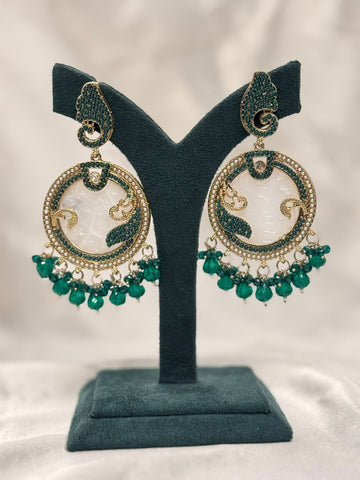 Emerald Green Pearl Chandbali Earrings with Antique Gold Finish,llb666