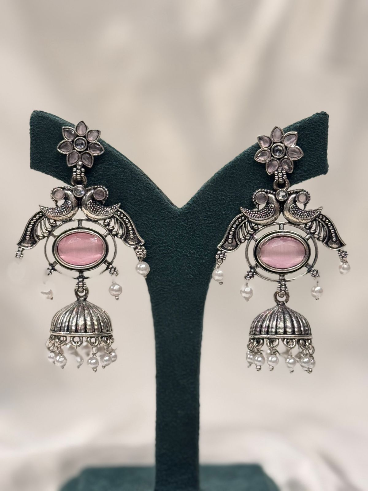 Oxidized Silver Jhumka Earrings with Pink Stone & Pearl Drops,llb671