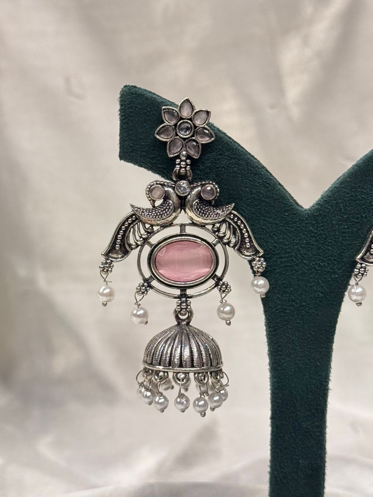 Oxidized Silver Jhumka Earrings with Pink Stone & Pearl Drops,llb671