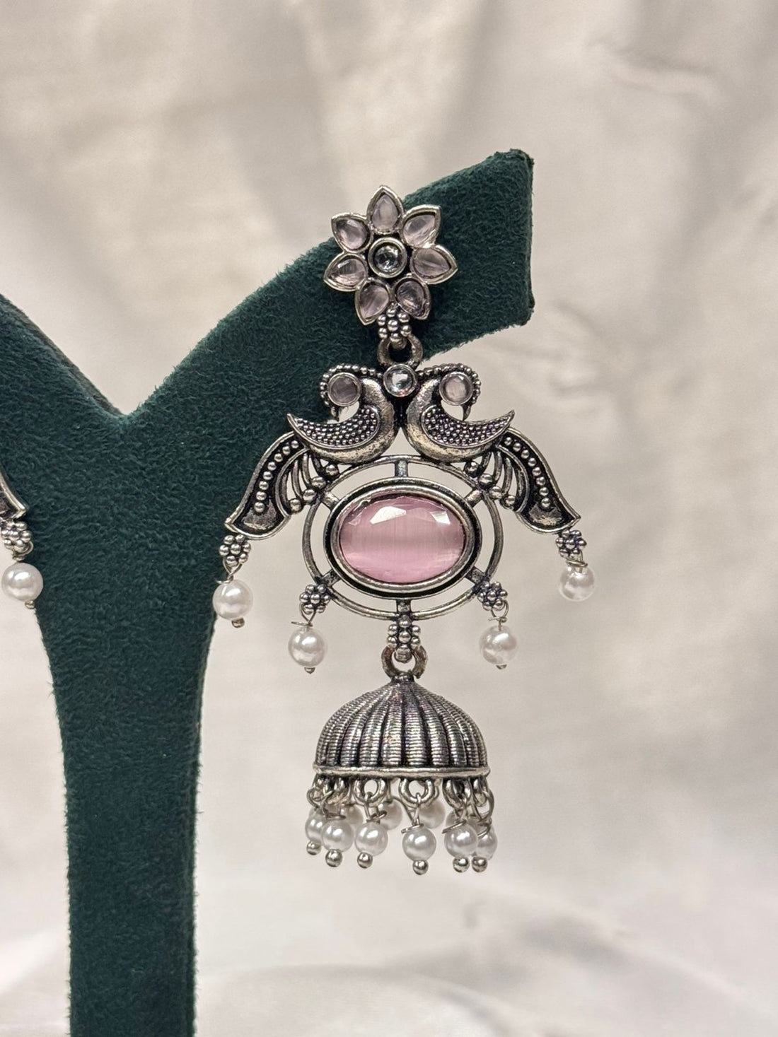 Oxidized Silver Jhumka Earrings with Pink Stone & Pearl Drops,llb671