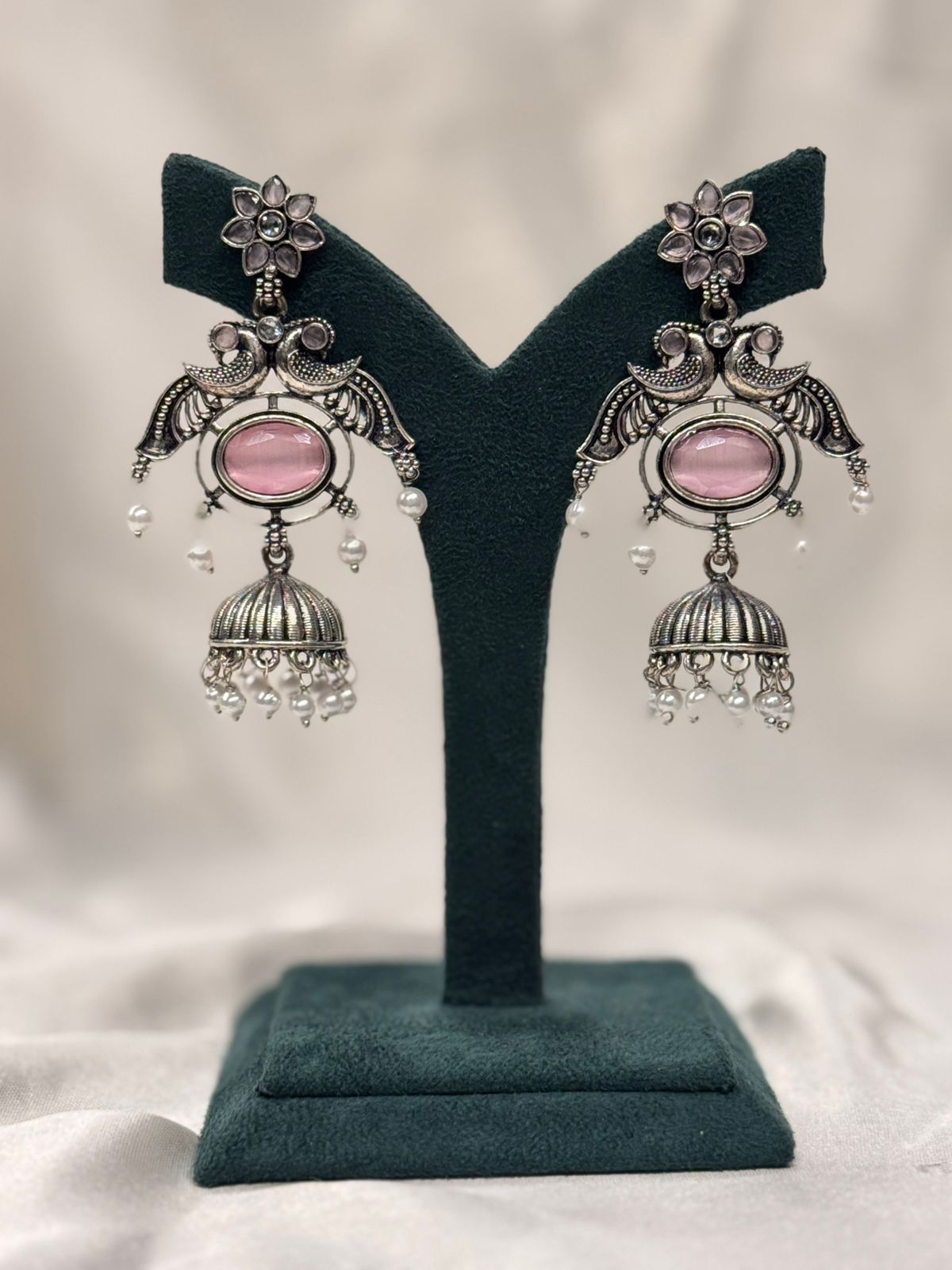 Oxidized Silver Jhumka Earrings with Pink Stone & Pearl Drops,llb671