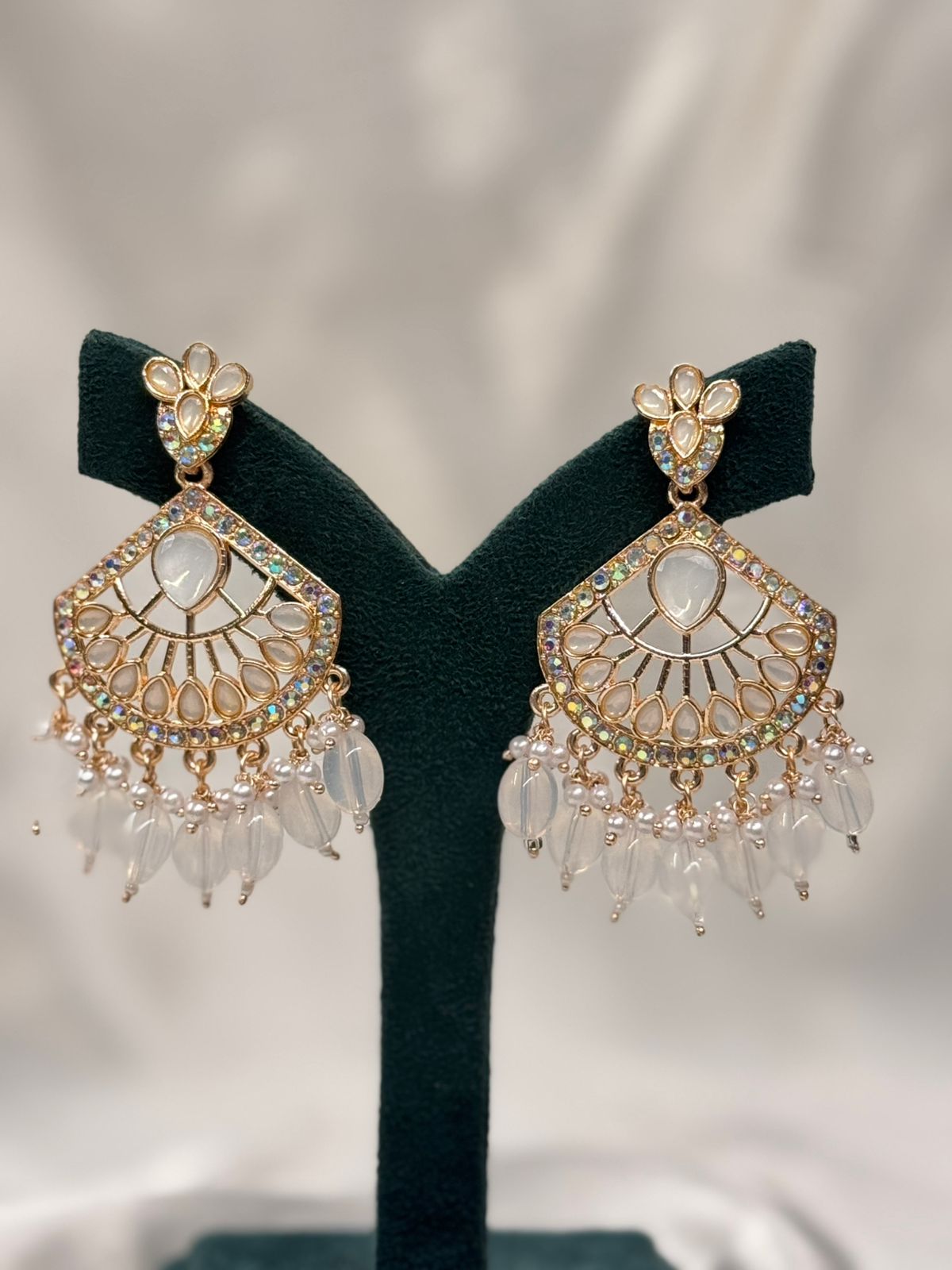 Gold Plated Kundan Chandbali Earrings with White Stone & Pearl Drops,llb672