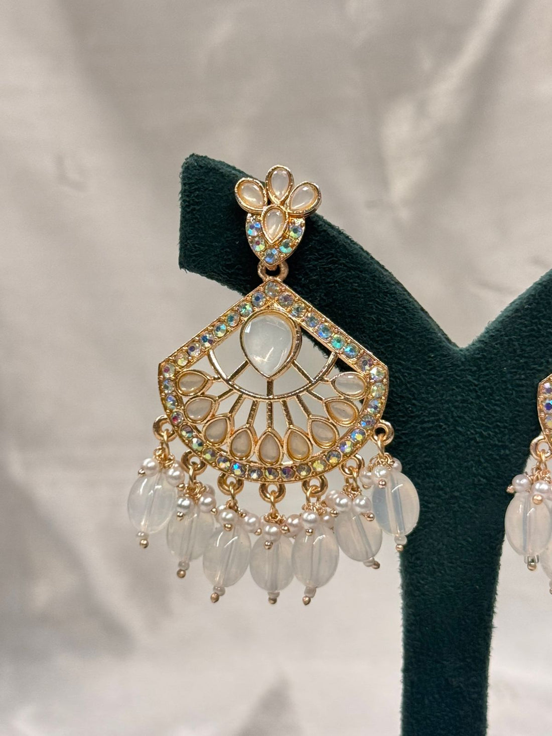 Gold Plated Kundan Chandbali Earrings with White Stone & Pearl Drops,llb672