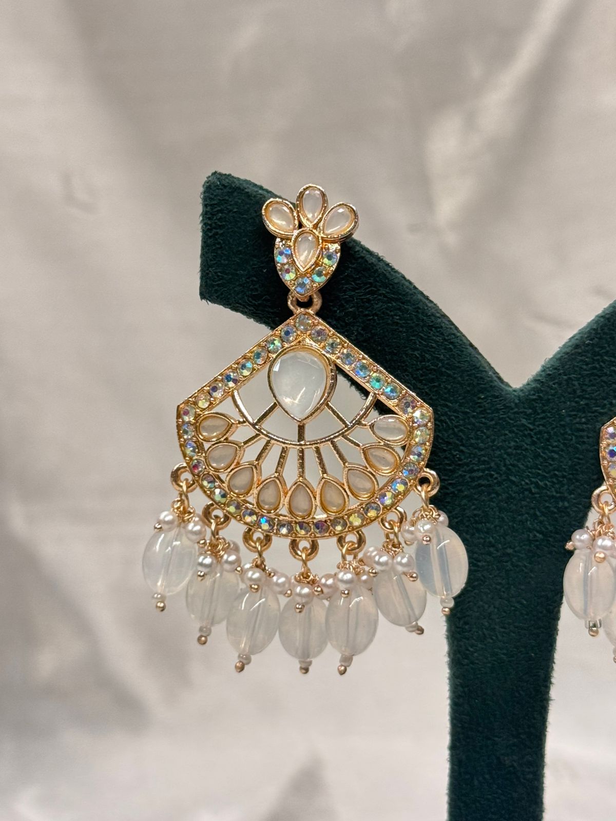Gold Plated Kundan Chandbali Earrings with White Stone & Pearl Drops,llb672