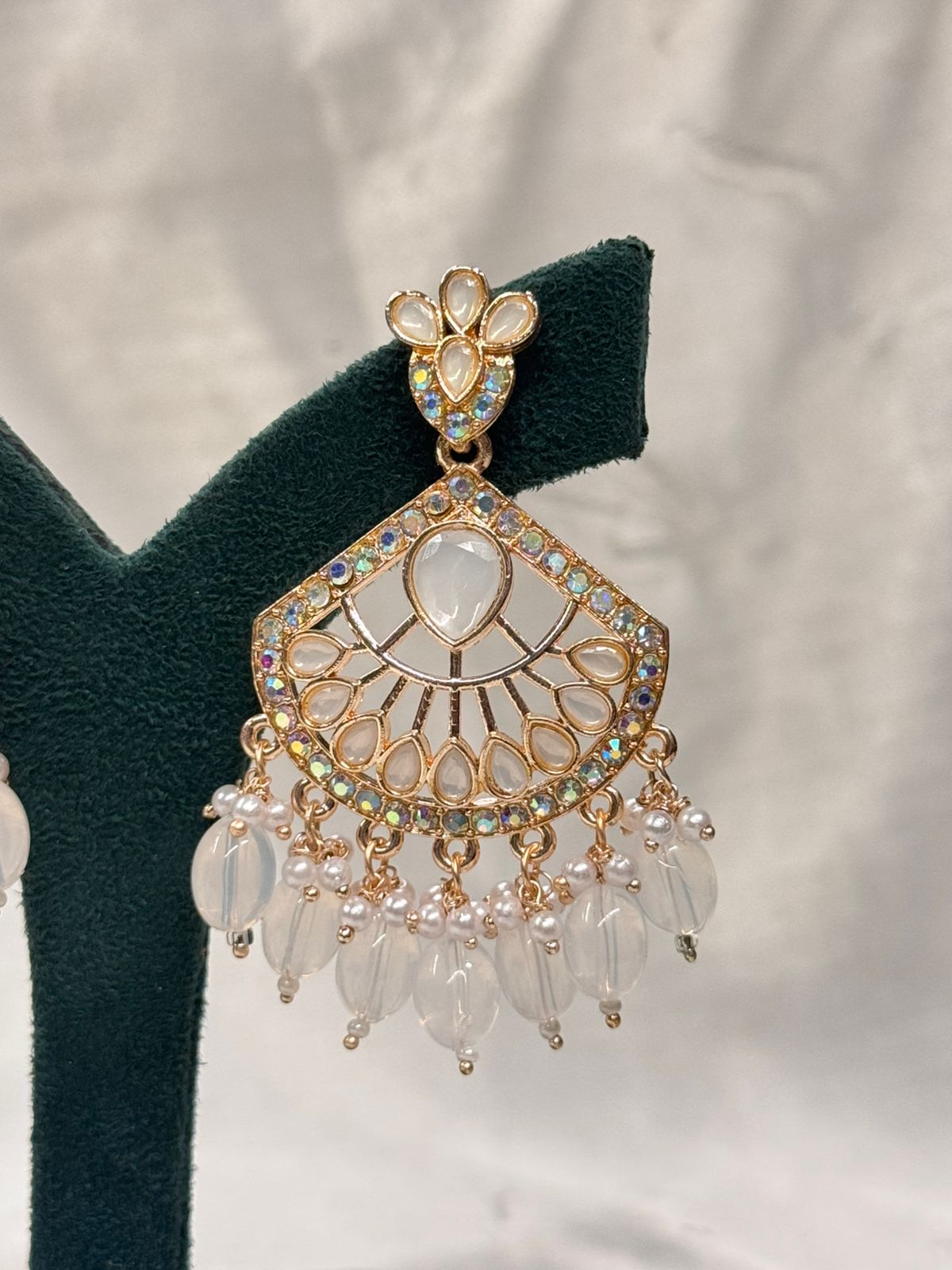 Gold Plated Kundan Chandbali Earrings with White Stone & Pearl Drops,llb672