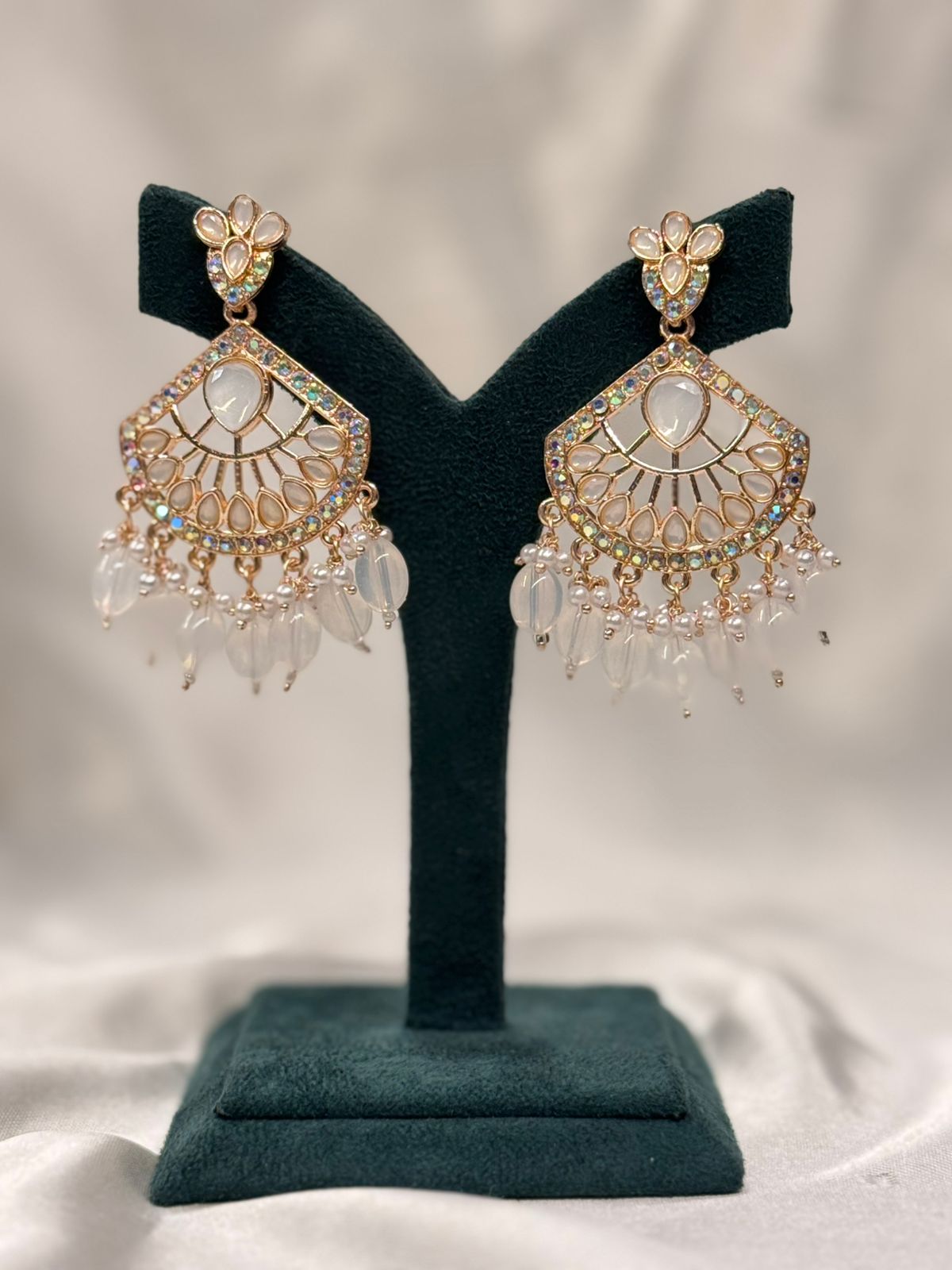 Gold Plated Kundan Chandbali Earrings with White Stone & Pearl Drops,llb672