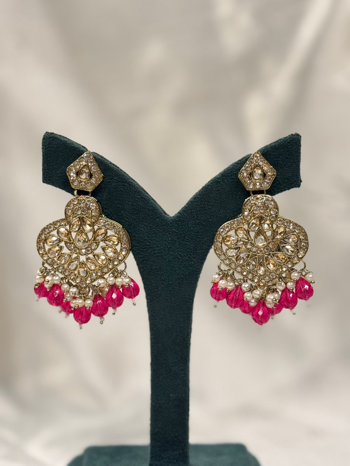 Hot Pink Beaded Chandbali Earrings with Crystal Detailing & Pearl Drops,llb667