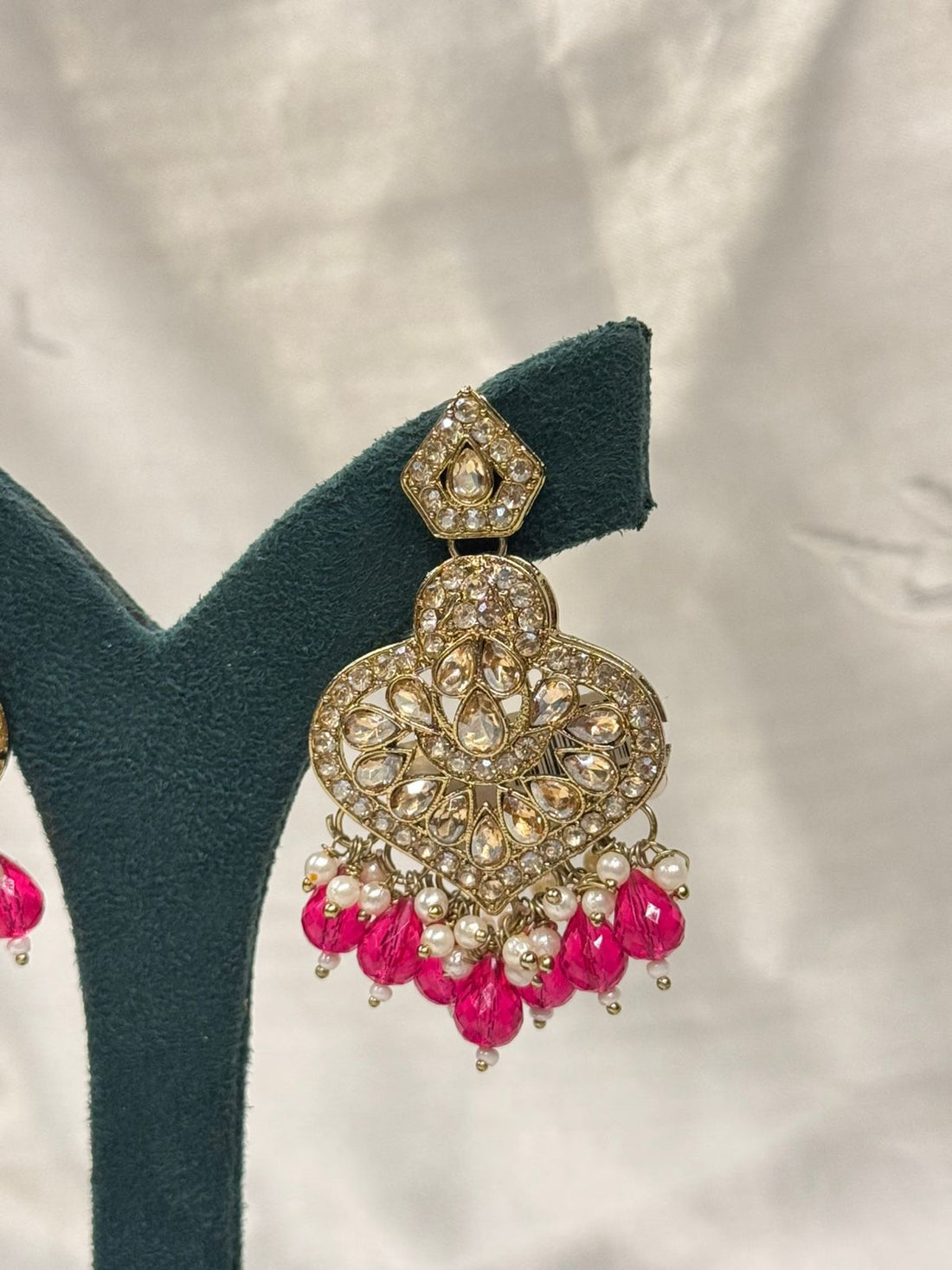 Hot Pink Beaded Chandbali Earrings with Crystal Detailing & Pearl Drops,llb667