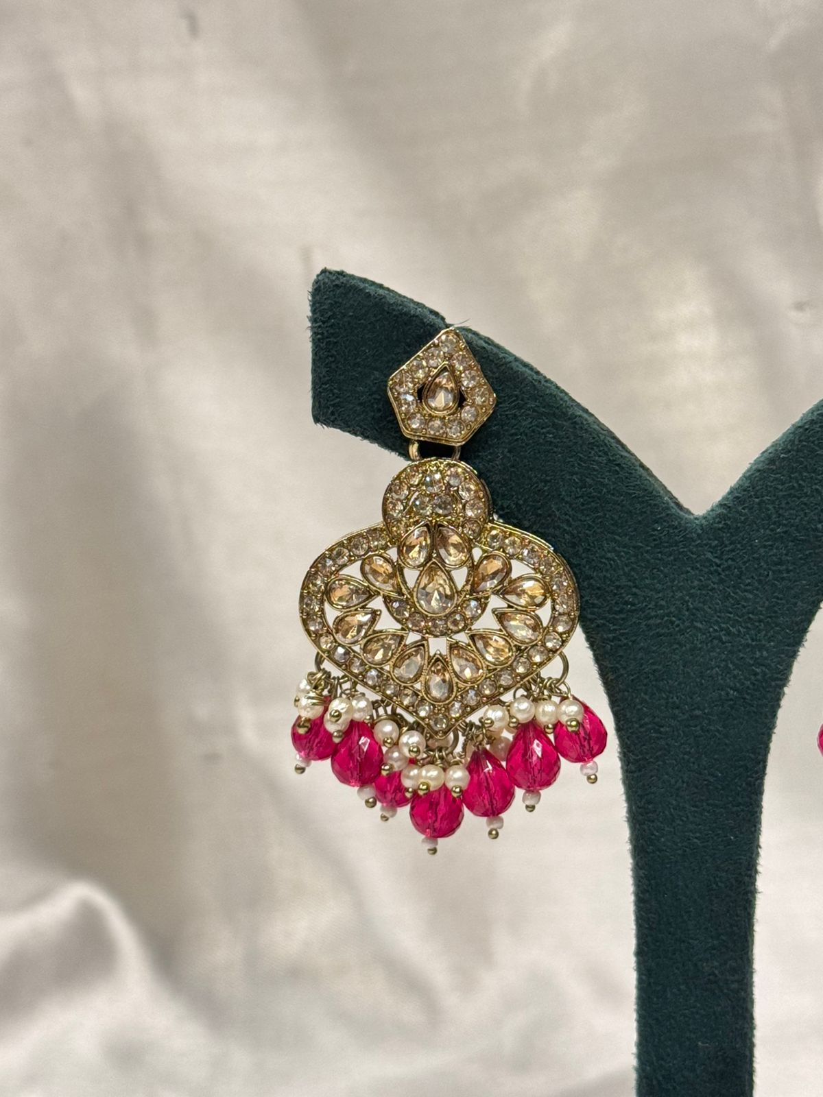 Hot Pink Beaded Chandbali Earrings with Crystal Detailing & Pearl Drops,llb667