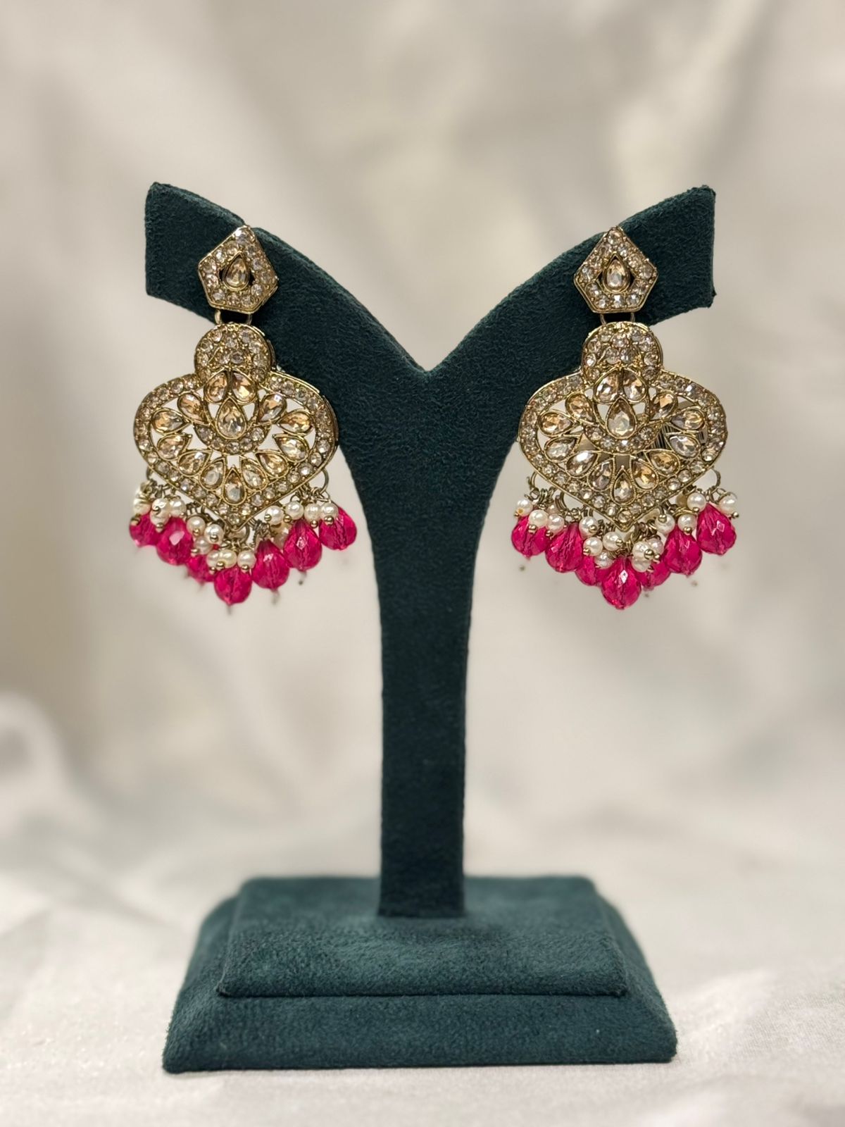 Hot Pink Beaded Chandbali Earrings with Crystal Detailing & Pearl Drops,llb667