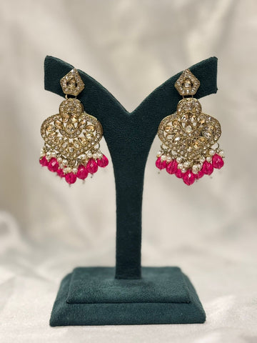 Hot Pink Beaded Chandbali Earrings with Crystal Detailing & Pearl Drops,llb667