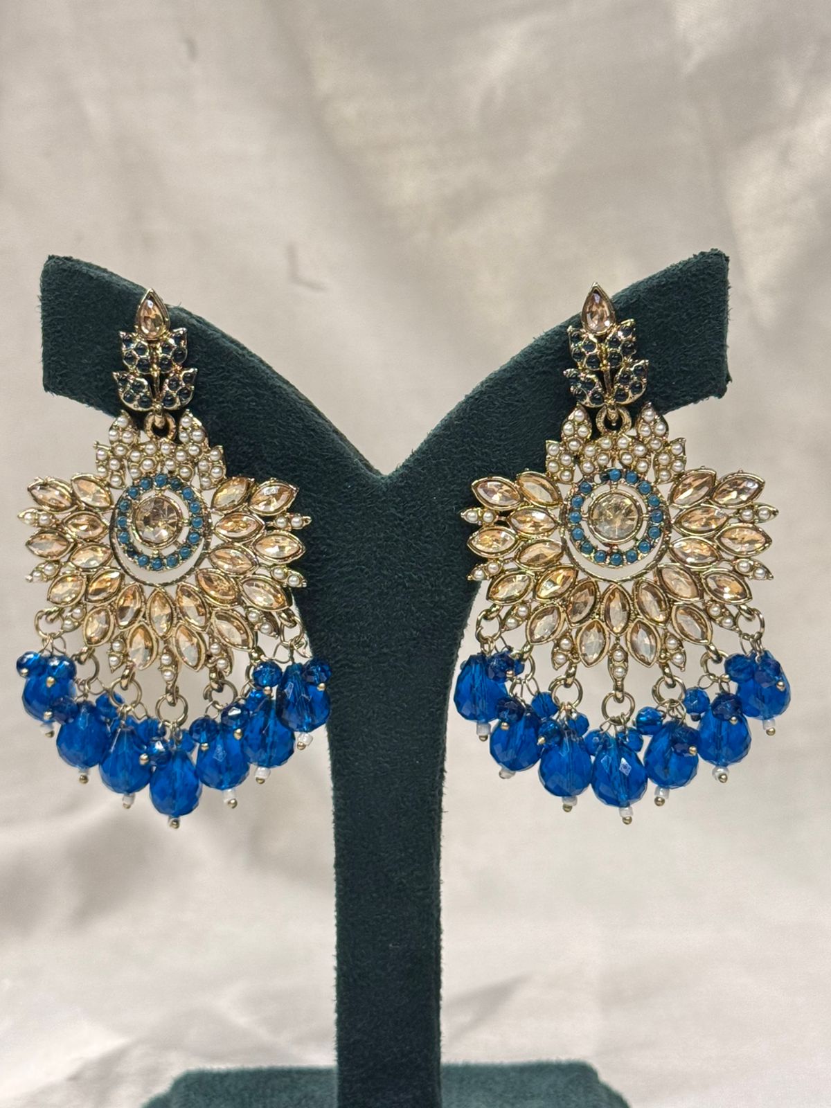 Royal Blue Beaded Chandbali Earrings with Crystal & Pearl Detailing,llb665