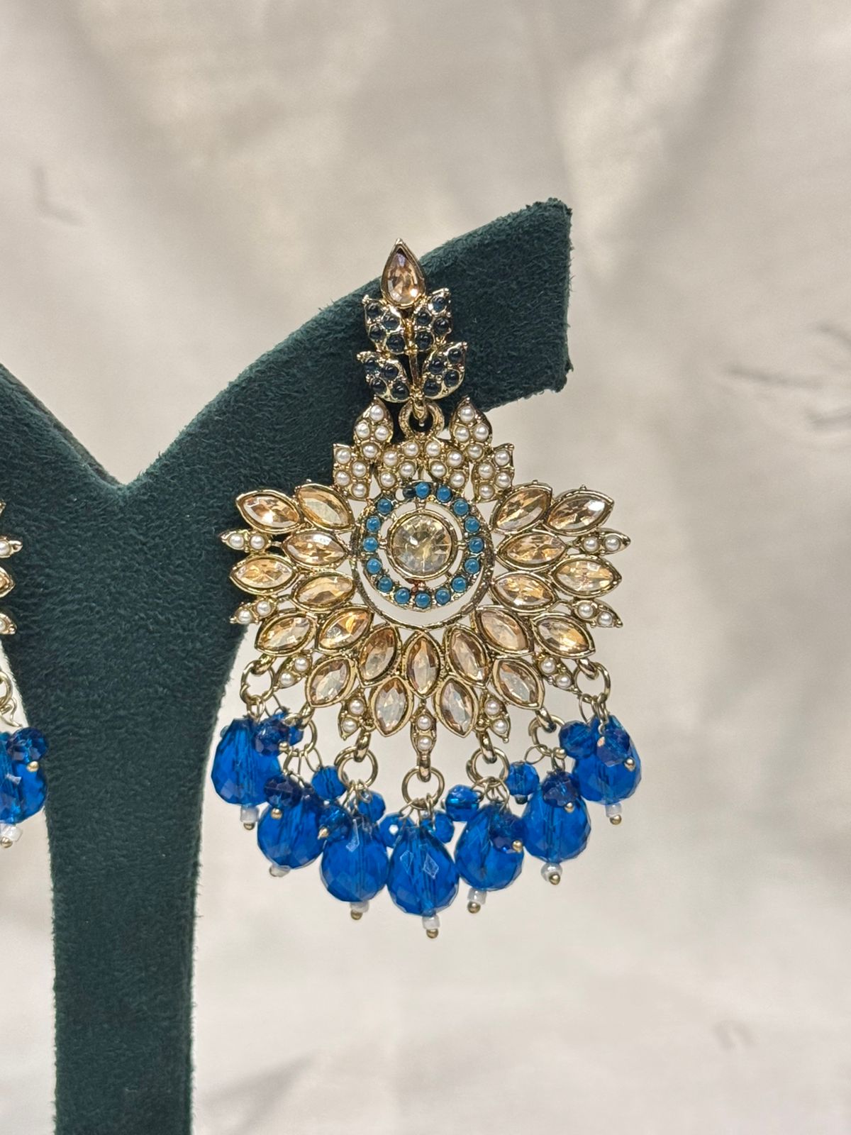 Royal Blue Beaded Chandbali Earrings with Crystal & Pearl Detailing,llb665