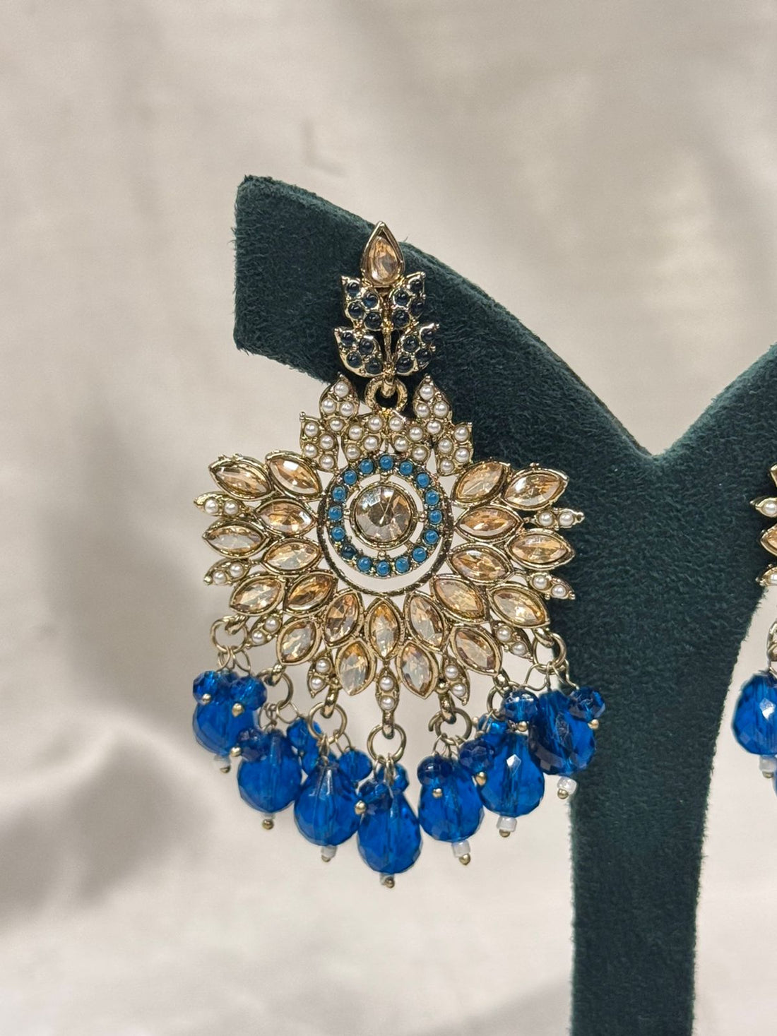 Royal Blue Beaded Chandbali Earrings with Crystal & Pearl Detailing,llb665