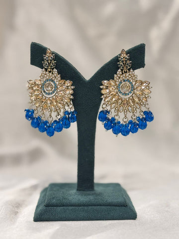 Royal Blue Beaded Chandbali Earrings with Crystal & Pearl Detailing,llb665