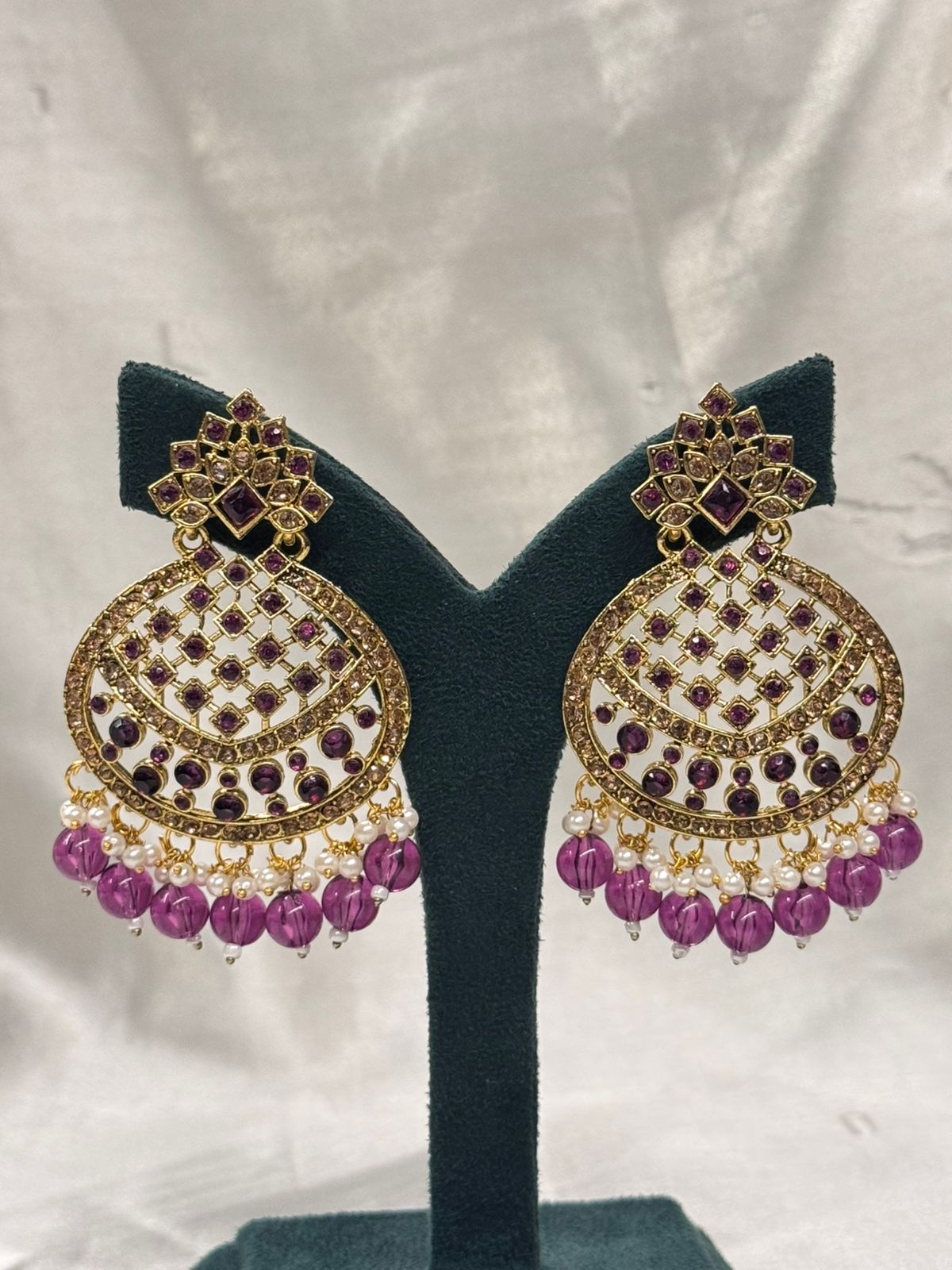 Ruby Pink Stone Chandbali Earrings with Pearl & Bead Drops,llb663