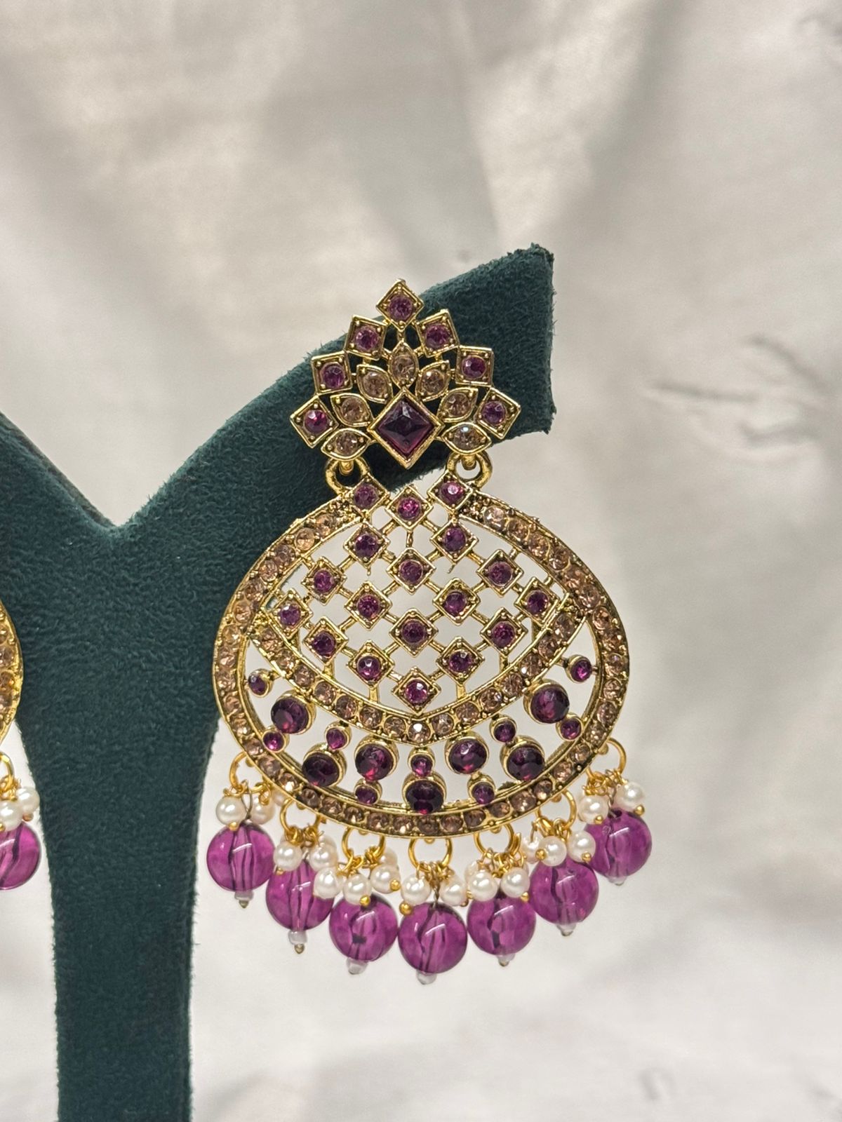 Ruby Pink Stone Chandbali Earrings with Pearl & Bead Drops,llb663