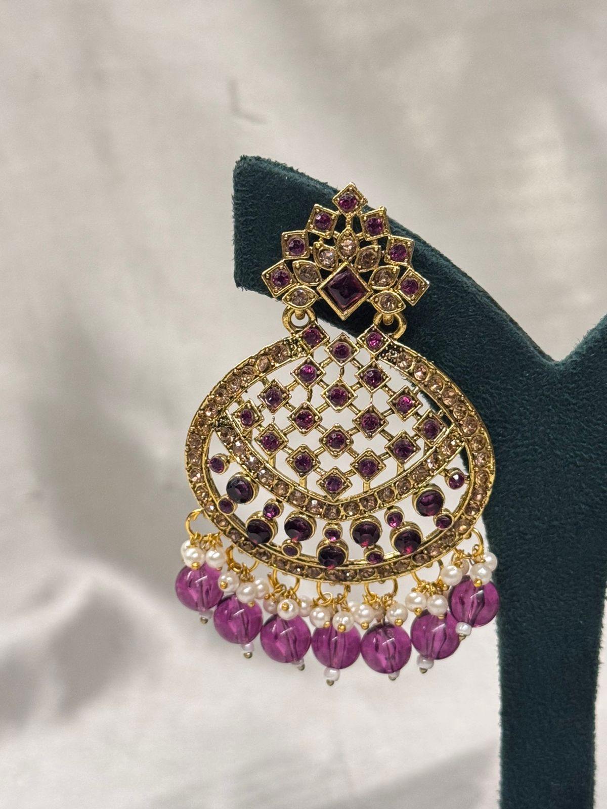 Ruby Pink Stone Chandbali Earrings with Pearl & Bead Drops,llb663