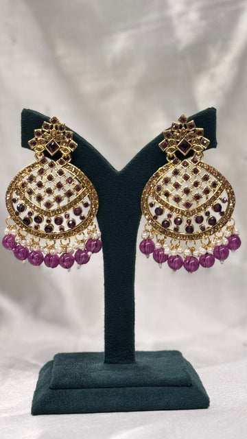 Ruby Pink Stone Chandbali Earrings with Pearl & Bead Drops,llb663
