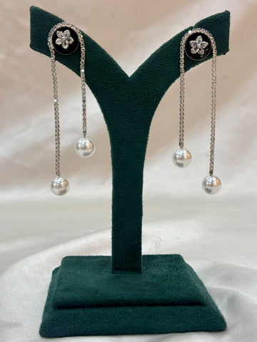 Black & Silver Rhinestone Pearl Drop Earrings,llb690