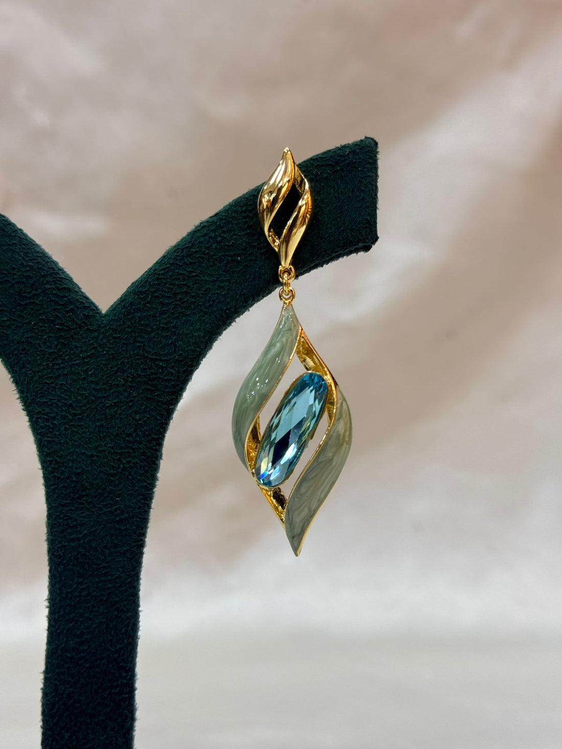 Gold Teal Crystal Drop Earrings with Mint Swirl Design,llb689