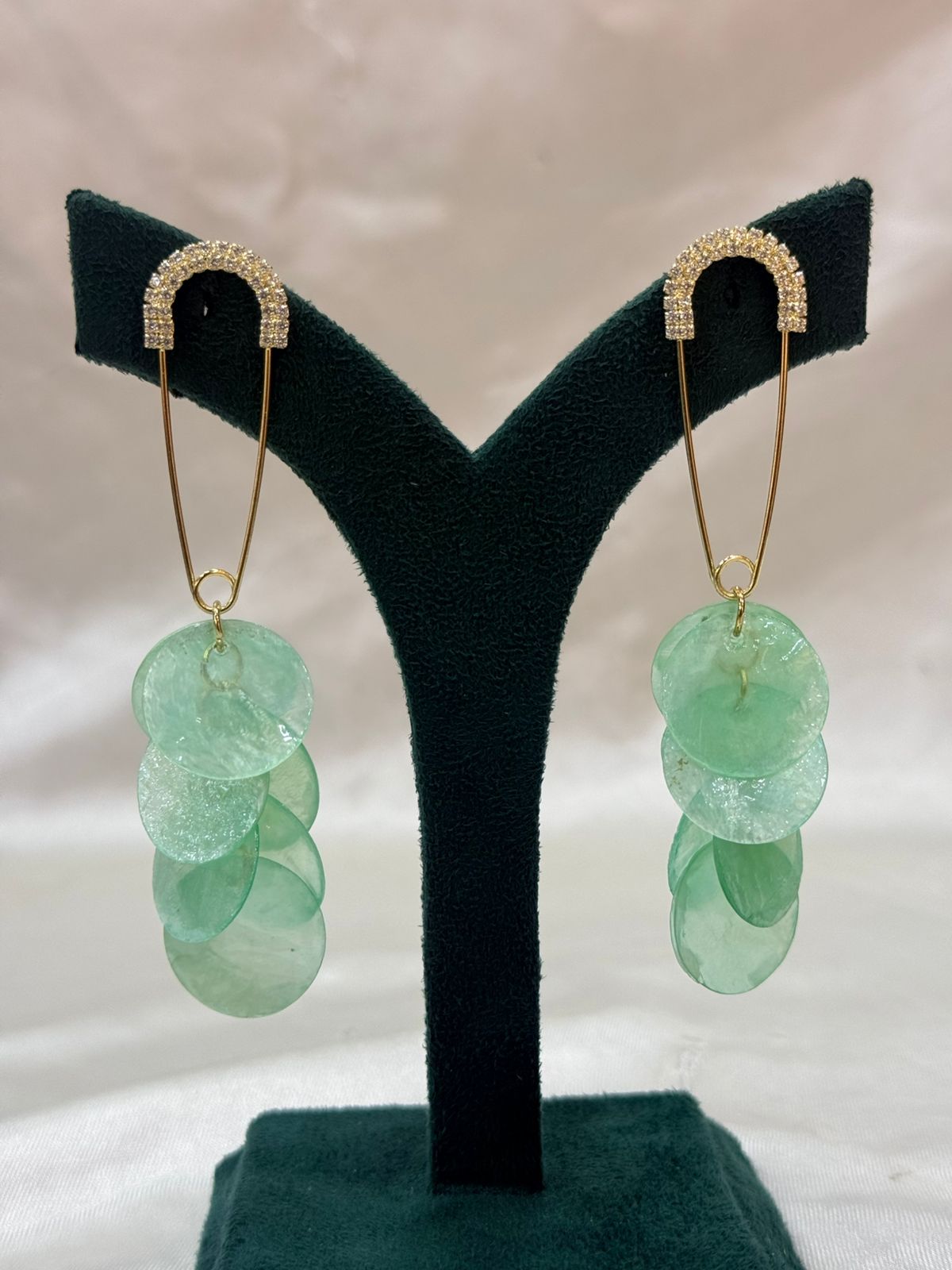Gold Safety Pin Drop Earrings with Teal Disc Dangles,llb681