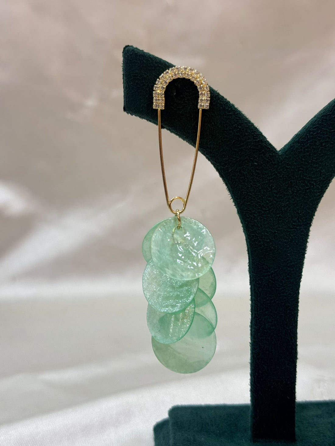Gold Safety Pin Drop Earrings with Teal Disc Dangles,llb681