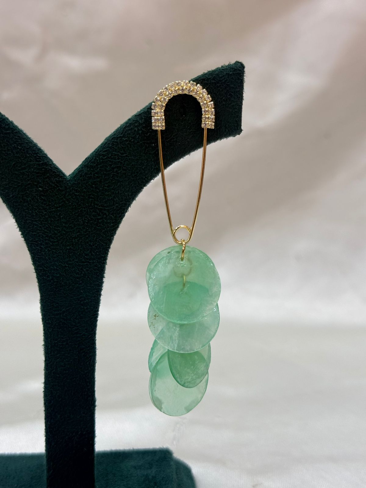 Gold Safety Pin Drop Earrings with Teal Disc Dangles,llb681