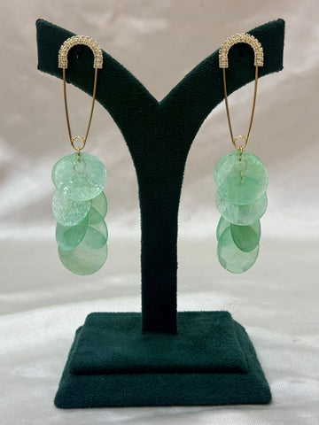 Gold Safety Pin Drop Earrings with Teal Disc Dangles,llb681