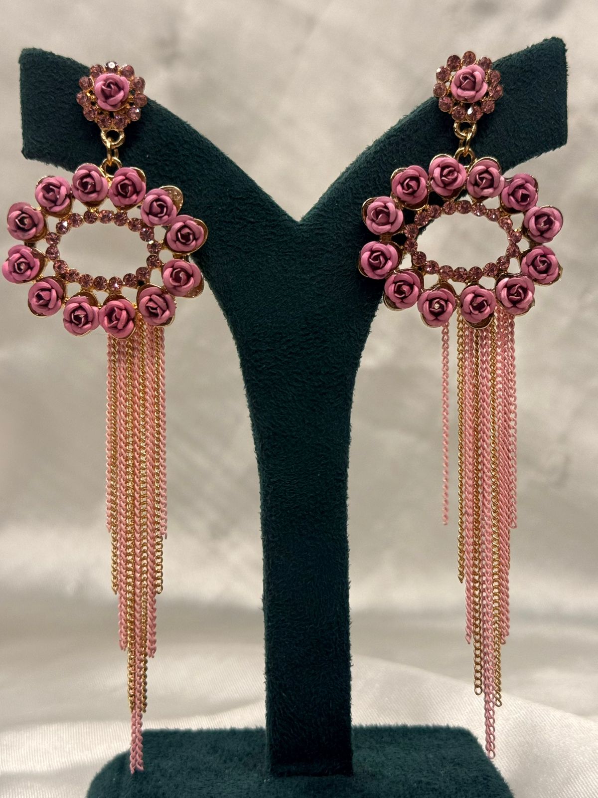 Pink Rose Floral Statement Earrings with Rhinestones & Tassel Chains,llb685