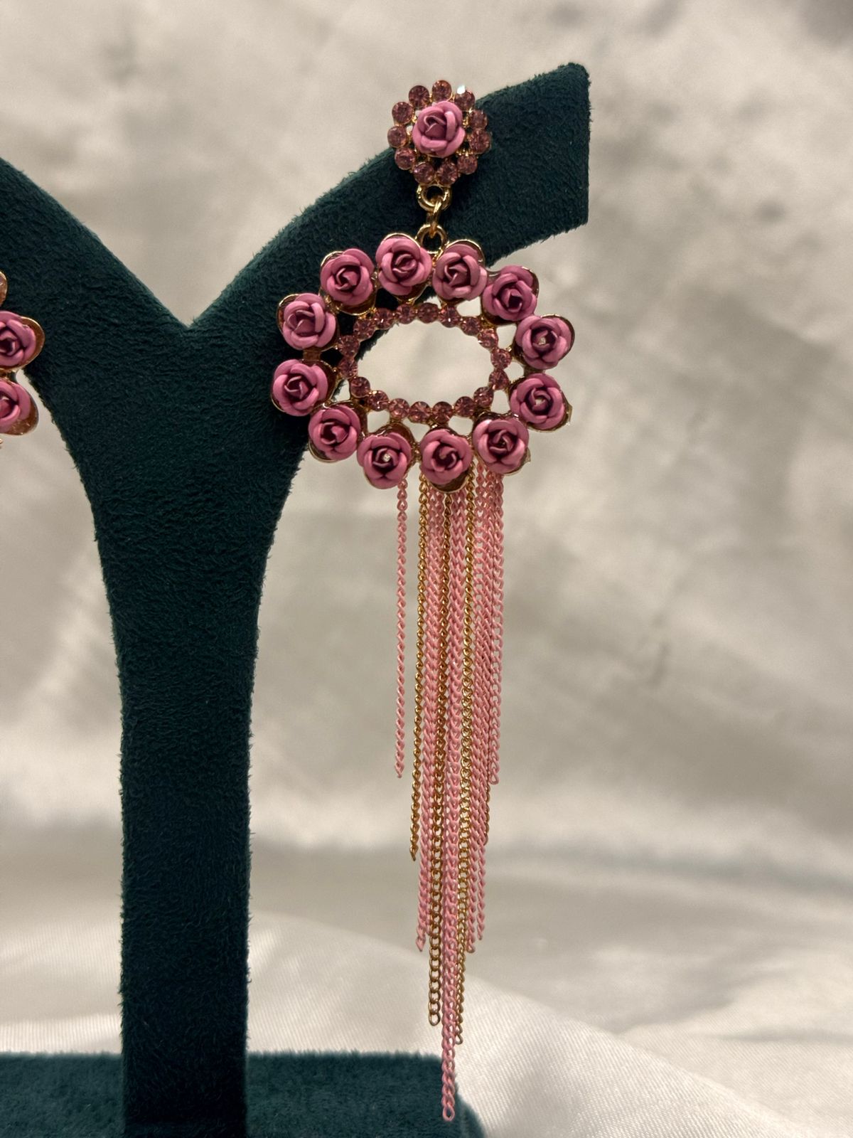 Pink Rose Floral Statement Earrings with Rhinestones & Tassel Chains,llb685