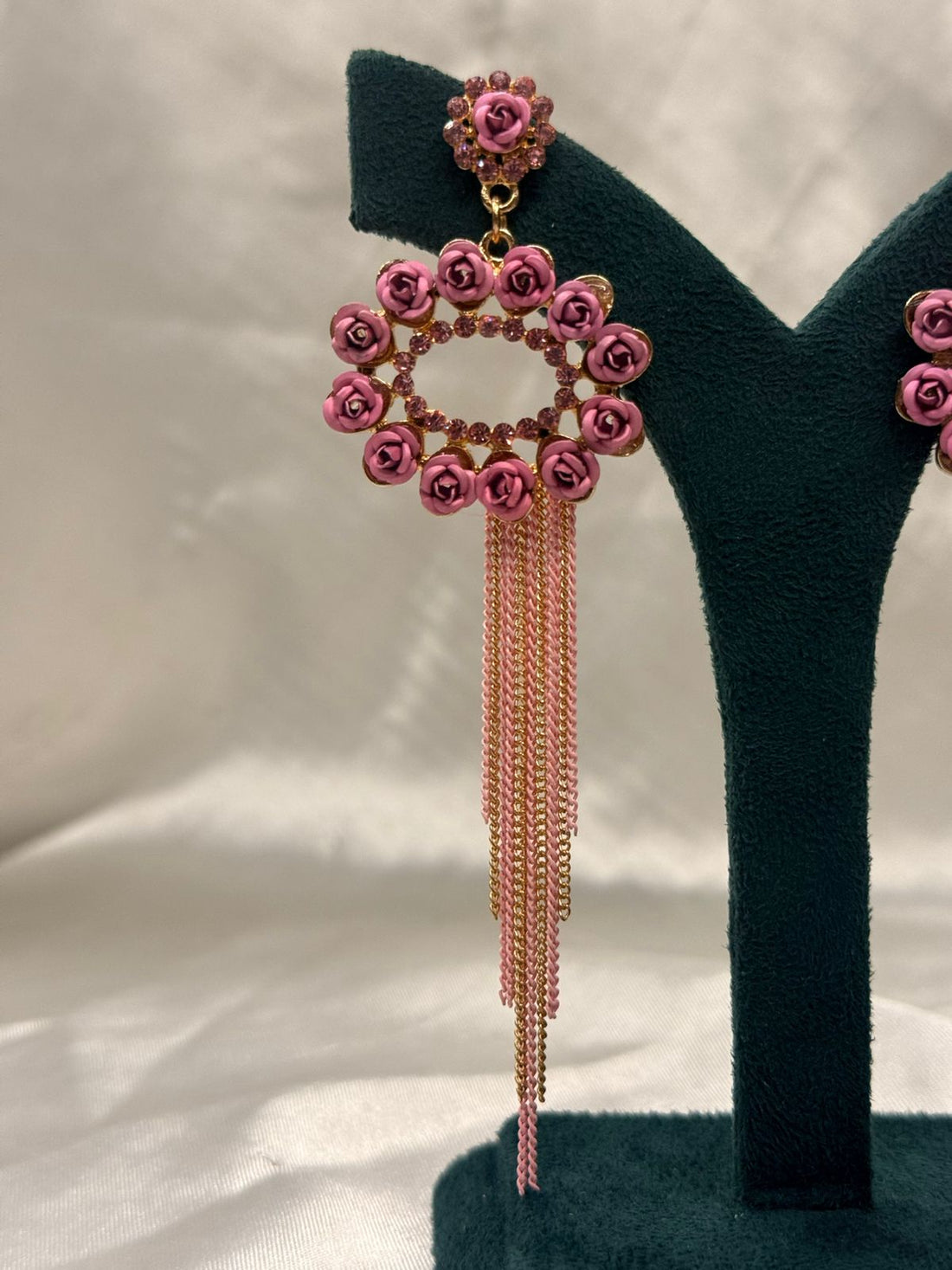 Pink Rose Floral Statement Earrings with Rhinestones & Tassel Chains,llb685
